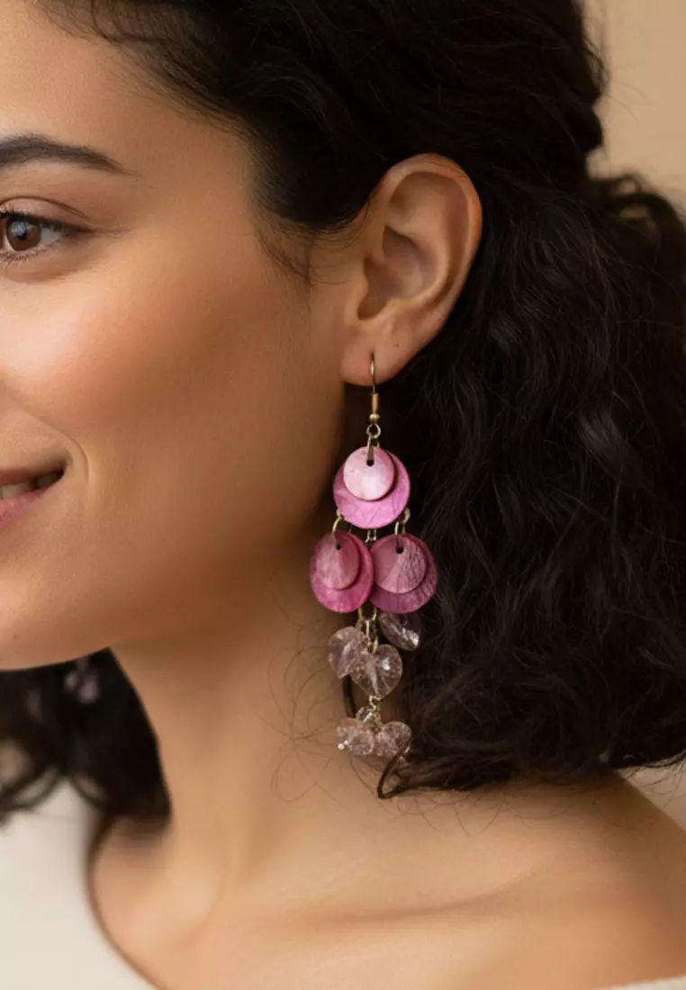 Aksesoris Anting Wanita Shells Rounds & Crystals Beads Earring Pink