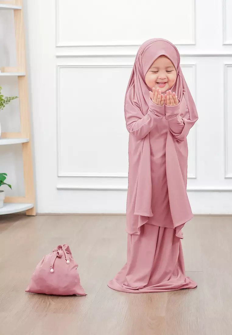 Zelena - Raudhia Prayer Set Anak | Set Mukena French Khimar - Rose Tan