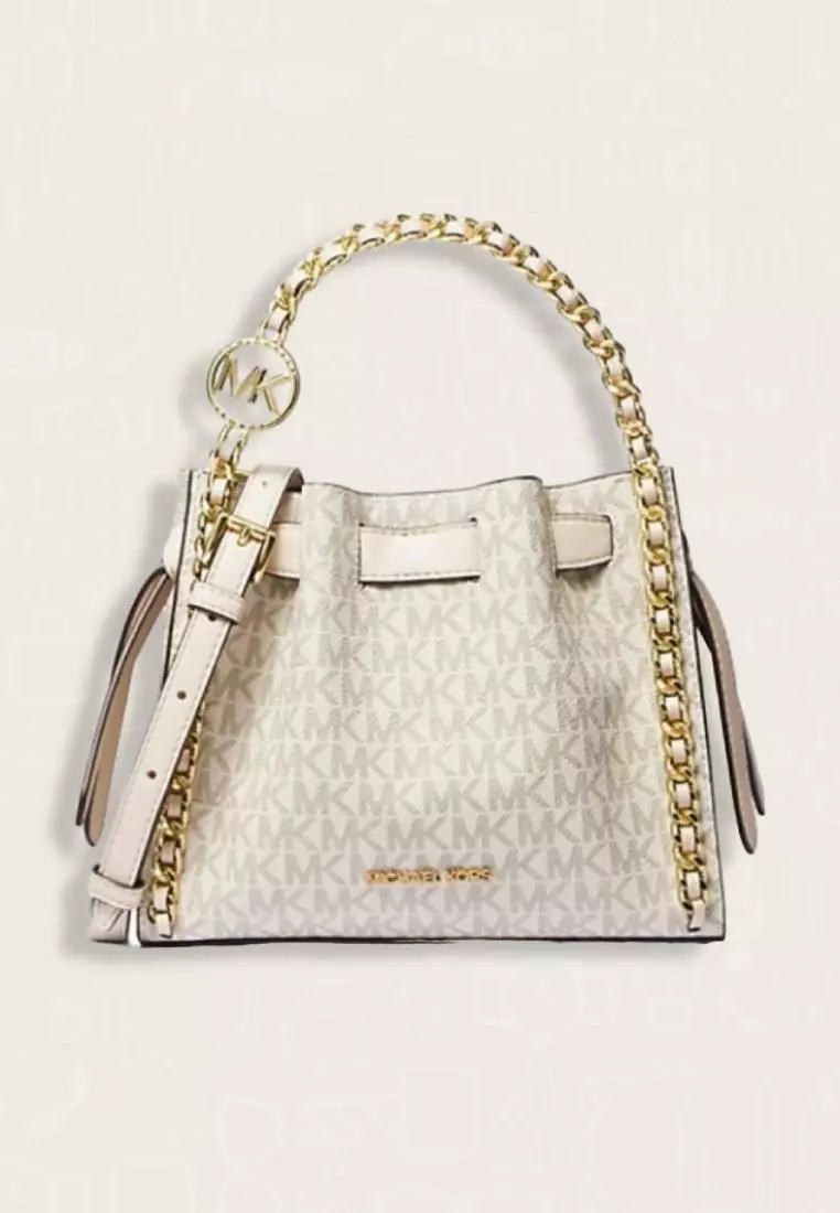 Michael Kors Mina Small Signature Logo Chain Crossbody Bag Light Cream Multi