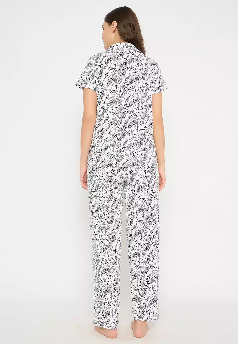 Clovia Printed Button Down Shirt & Pyjama Set in White - 100% Cotton