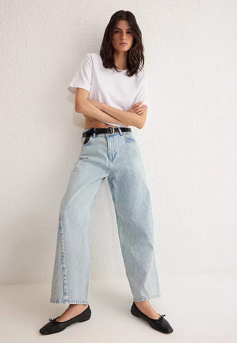 Light Blue Stitch Detail Low Waist Barrel Baggy Jeans
