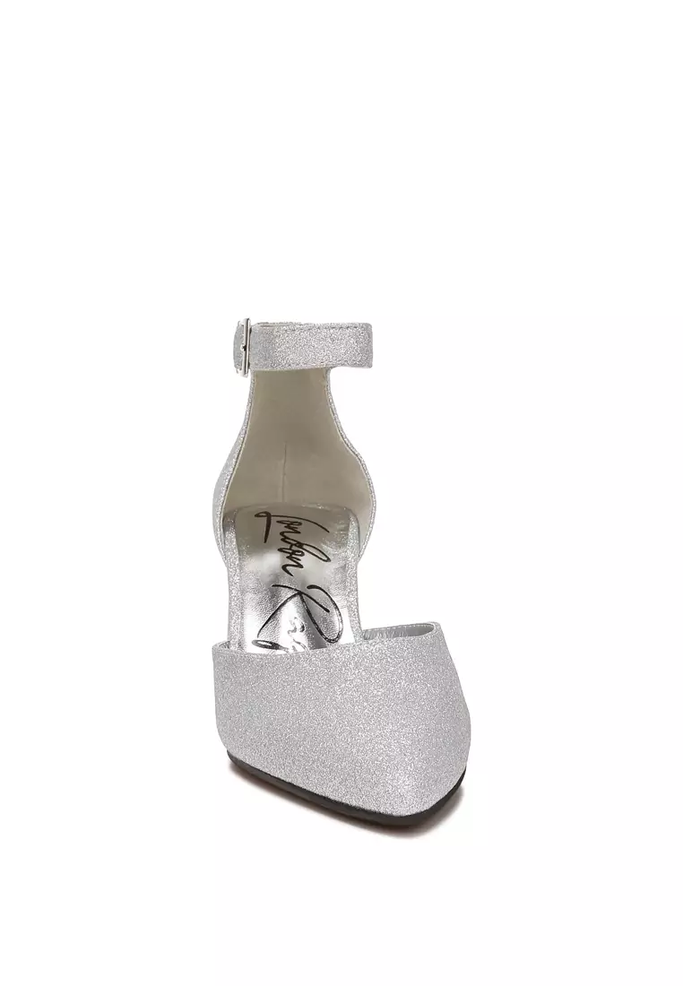 Glitter Block Heel Sandals in Silver