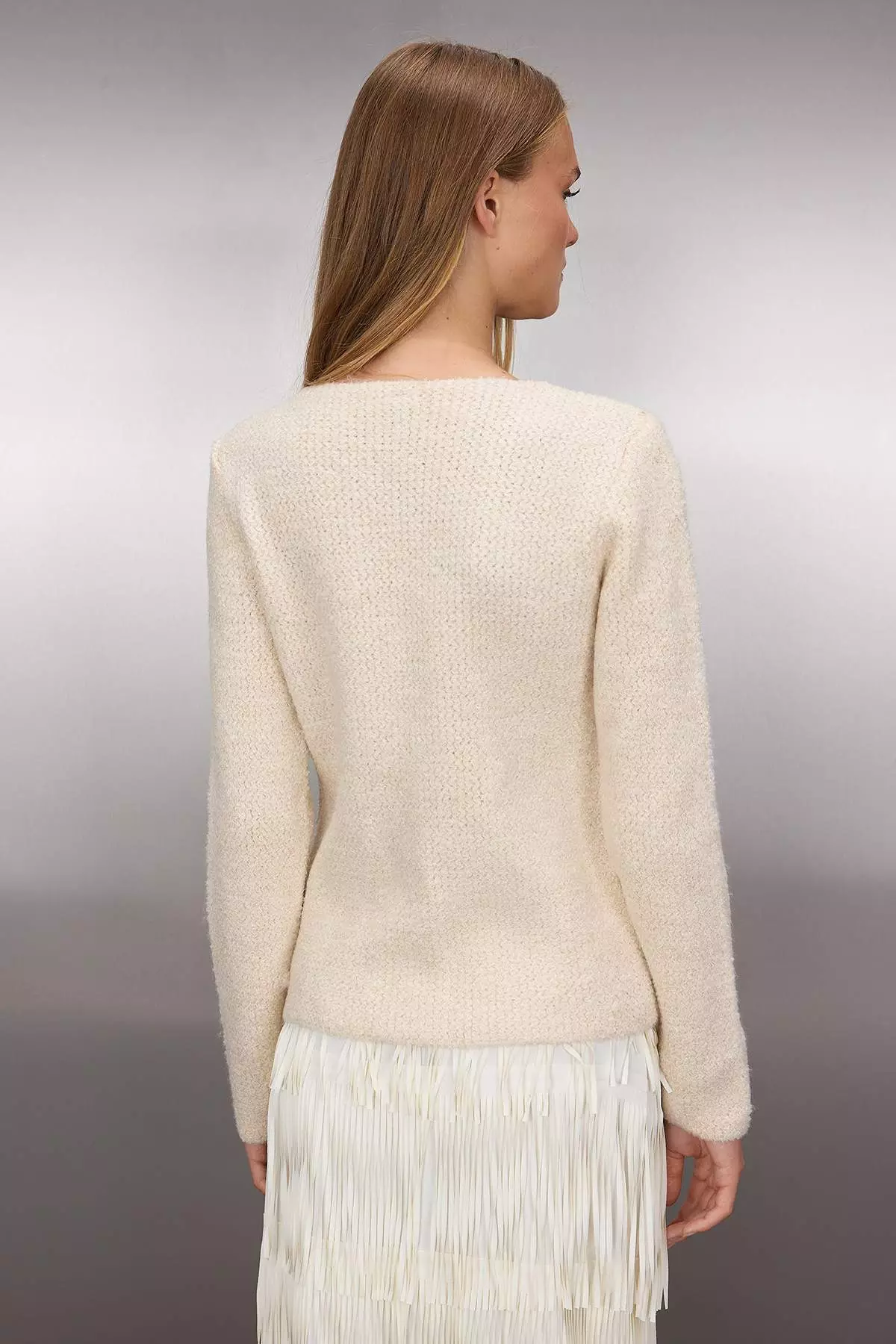 Stone Textured Boucle Yarn Knitwear Cardigan