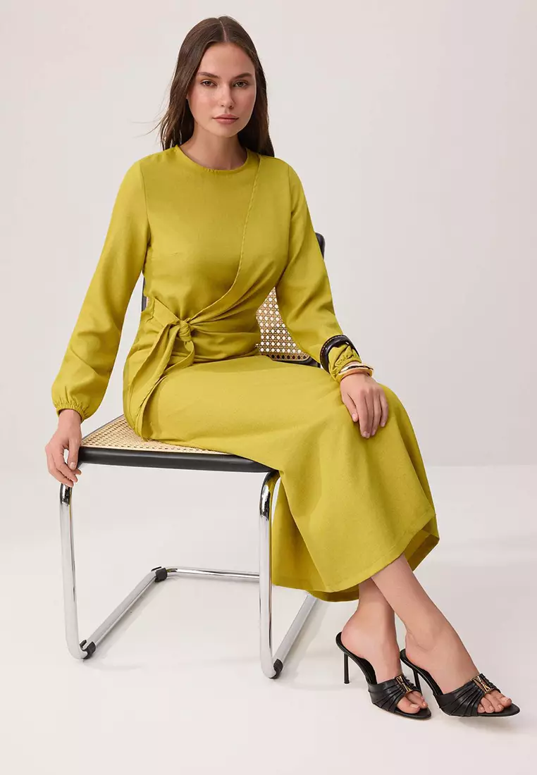 Oil Green Linen Look Woven Dress Tctss25Eb00129