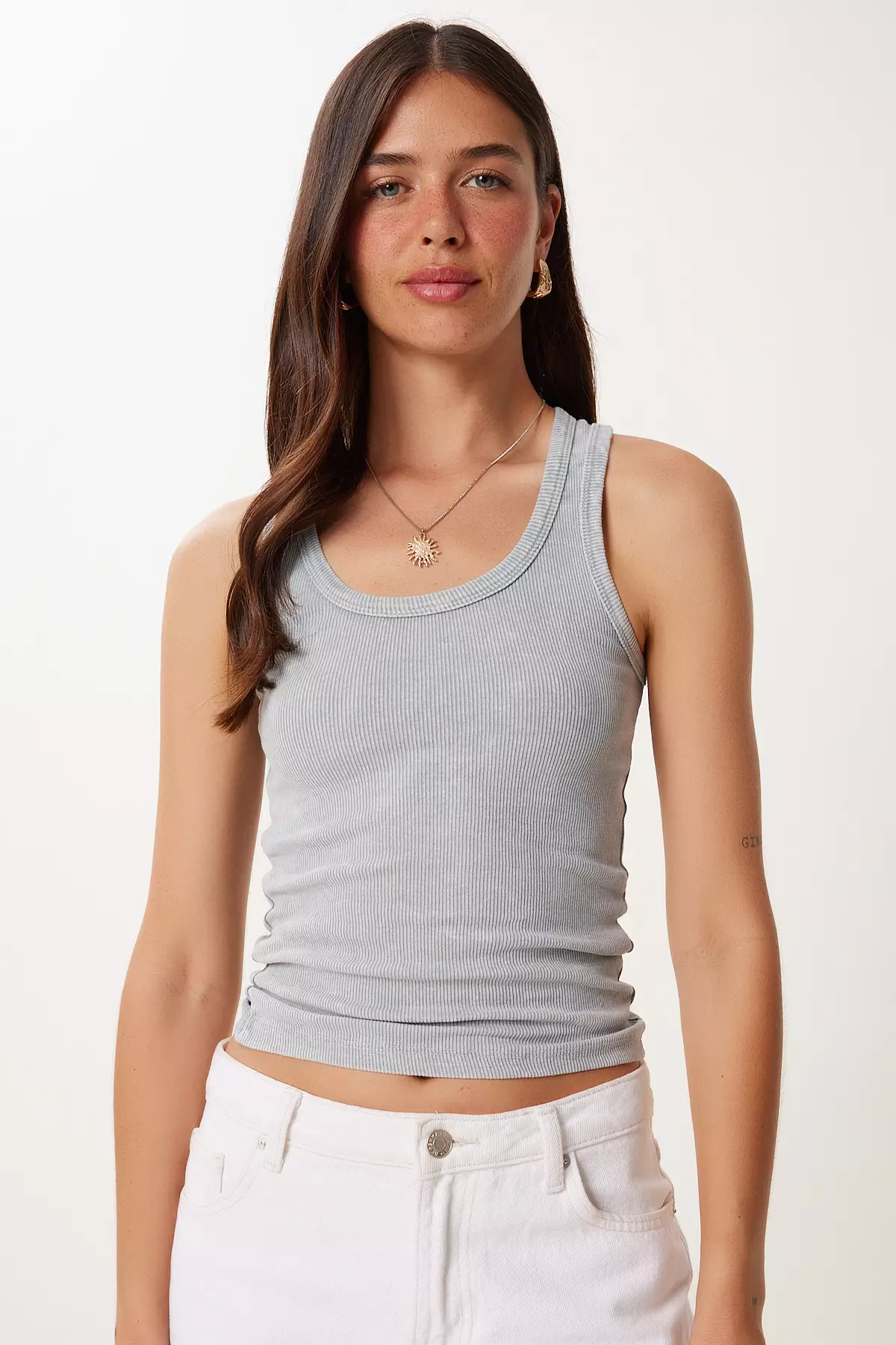 Women's Gray Washed Flexible Ribbed Knitted Undershirt Kb00047