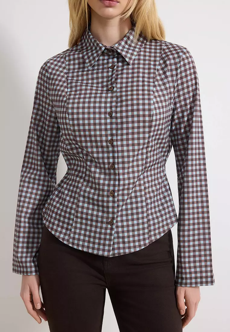 Blue-Multicolor Checkered Waist Adjustable Lightweight Waist-Fitting Wide Sleeves Shirt Twoaw26Go13