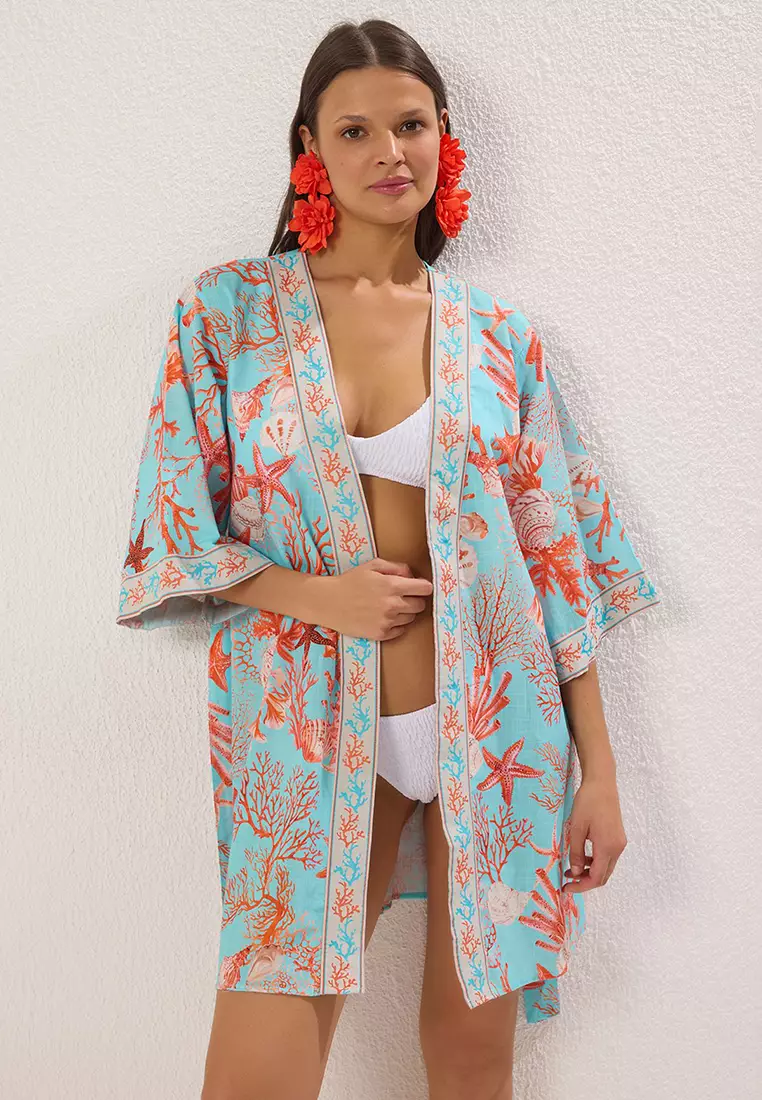 Underwater Patterned Mini Woven Stripe Accessory Flamed Cotton Beach Kimono&Caftan TBESS25KM00026