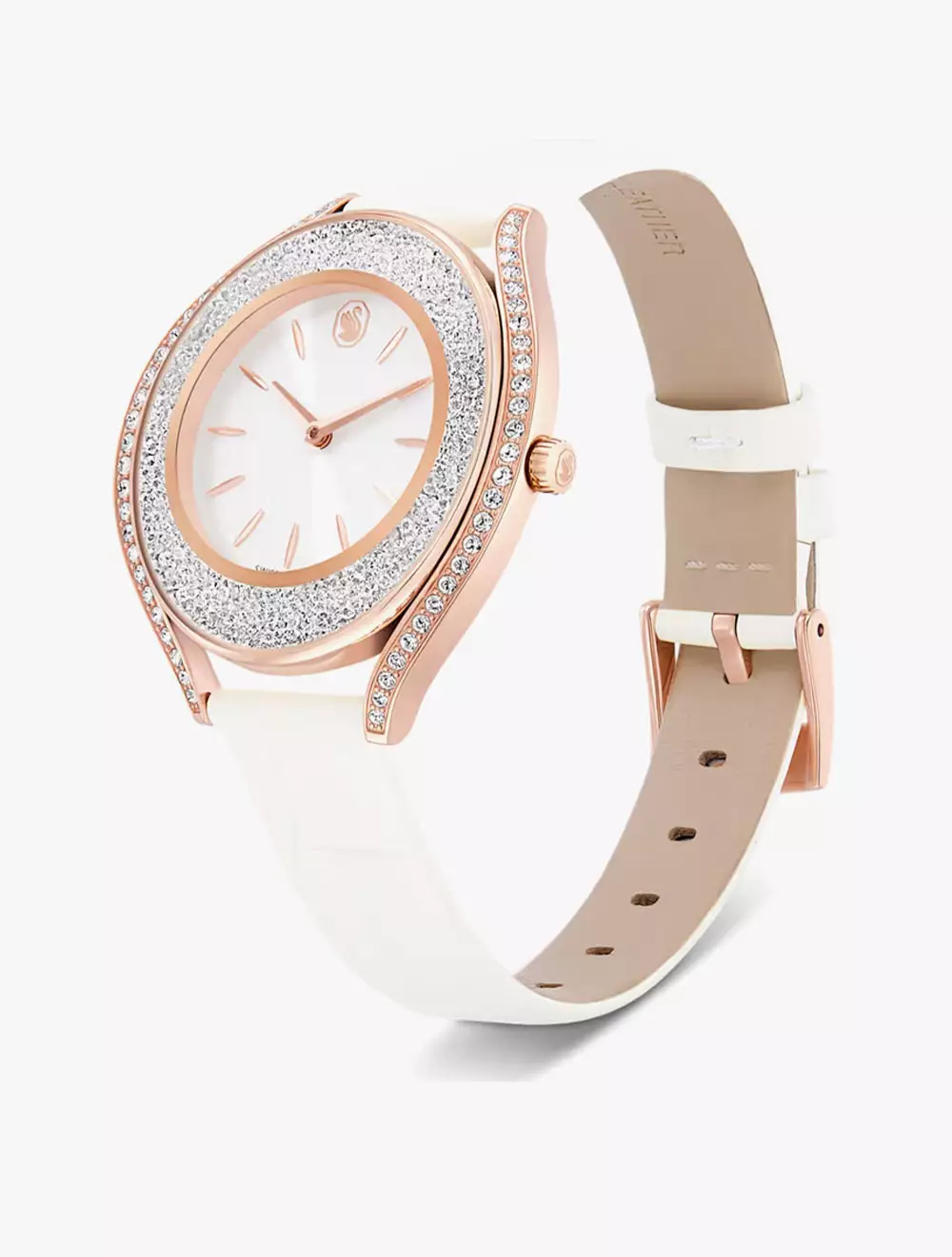Crystalline aura watch, Swiss Made, Leather strap, White, Rose gold-tone finish