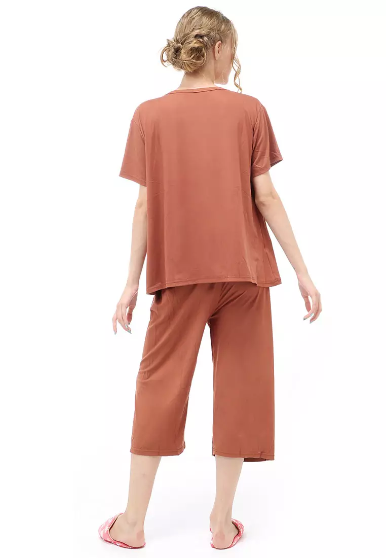 Vance Setelan Piyama Baju Tidur Wanita Celana Pendek 7/8 Material Spandex ORIGINAL - Brown