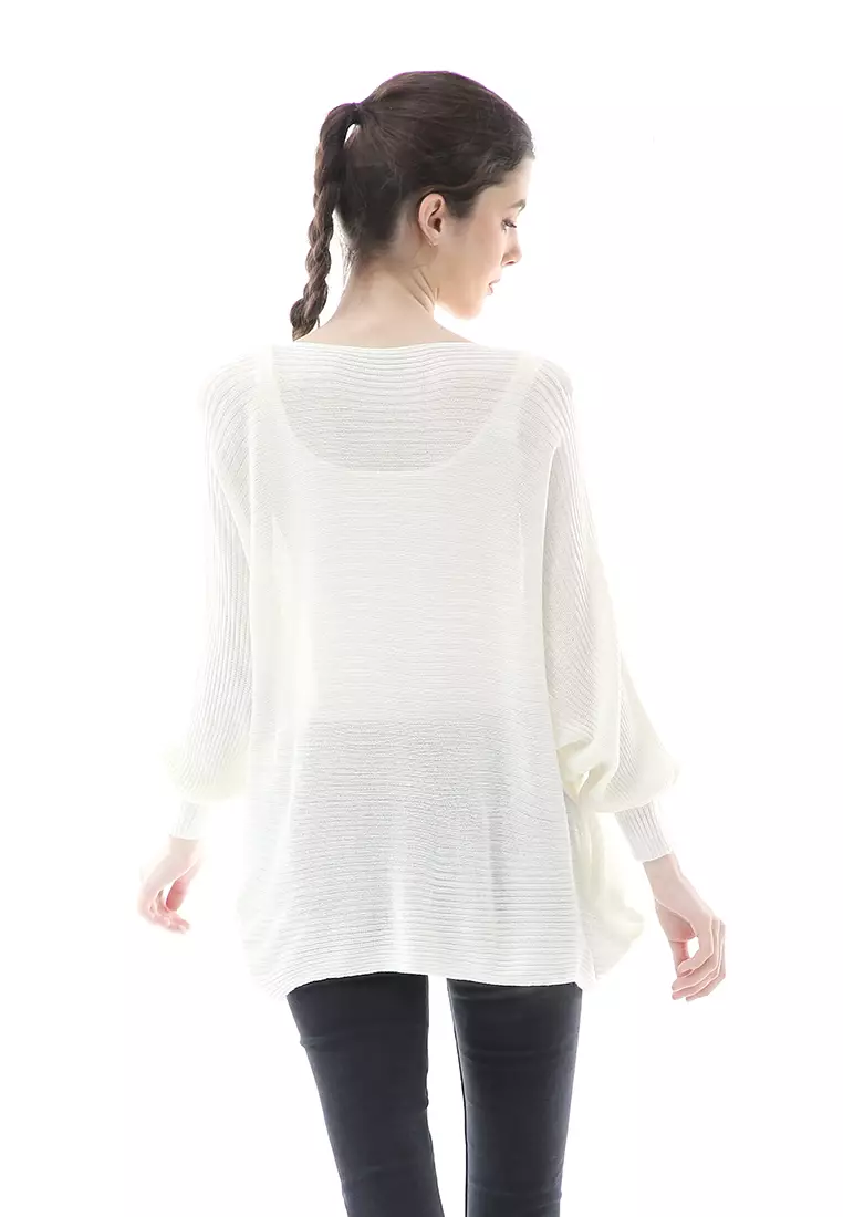 Eveline Sweater Rajut Batwing Atasan Wanita Motif Polos High Quality - Putih