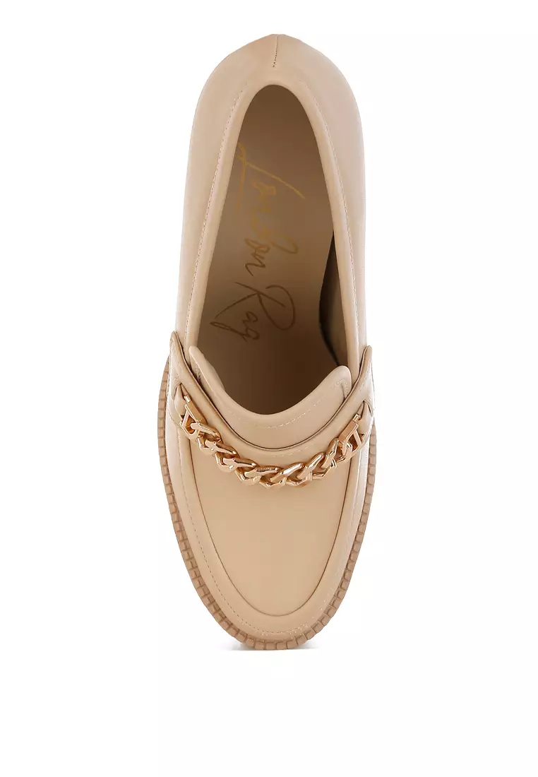 Chunky High Block Heeled Loafers in Beige