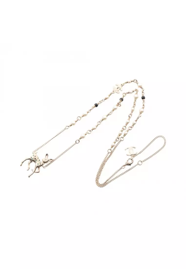 Pre-Loved Chanel Year's Gift 2025 coco mark Bambi necklace GP Fake pearl Rhinestone gold white green G26C