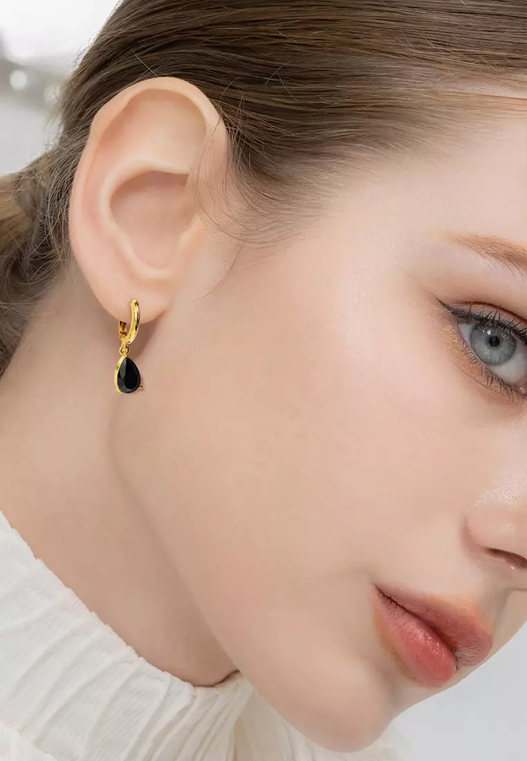 Black Pear Drop Earrings-Gold/Black