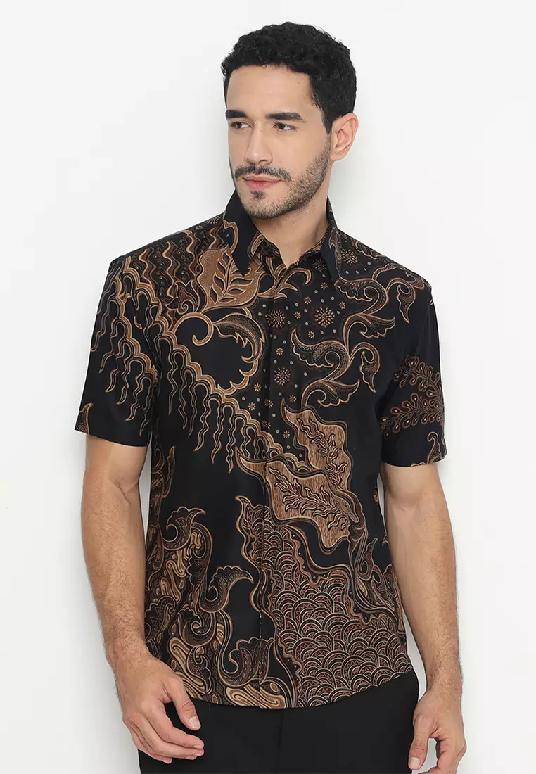 Kemeja Batik Pria Ganesha Lengan Pendek - Black/Brown