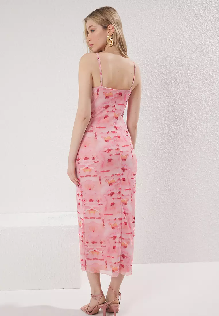 Pink Abstract Printed Tulle Drawstring / Drape Maxi Knitted Dress