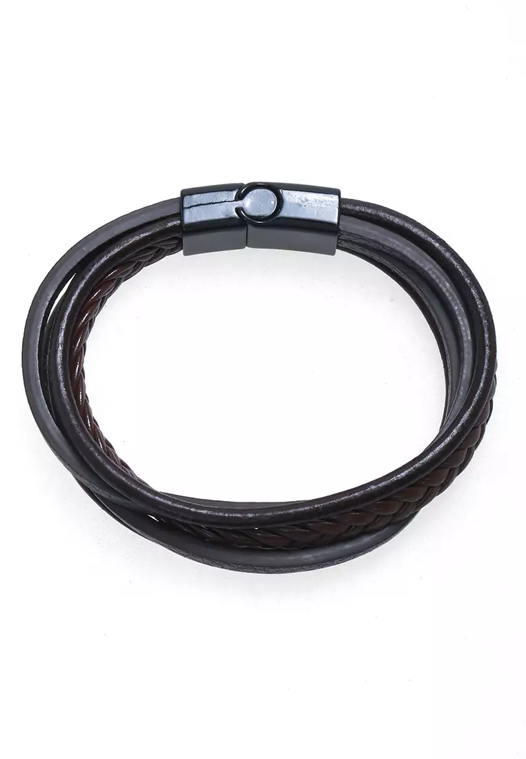 Aleda Gelang Kasual Pria Wanita Aksesoris Fashion Adjustable Desain Mix Kepang Strap Material Leather ORIGINAL - Dark Brown