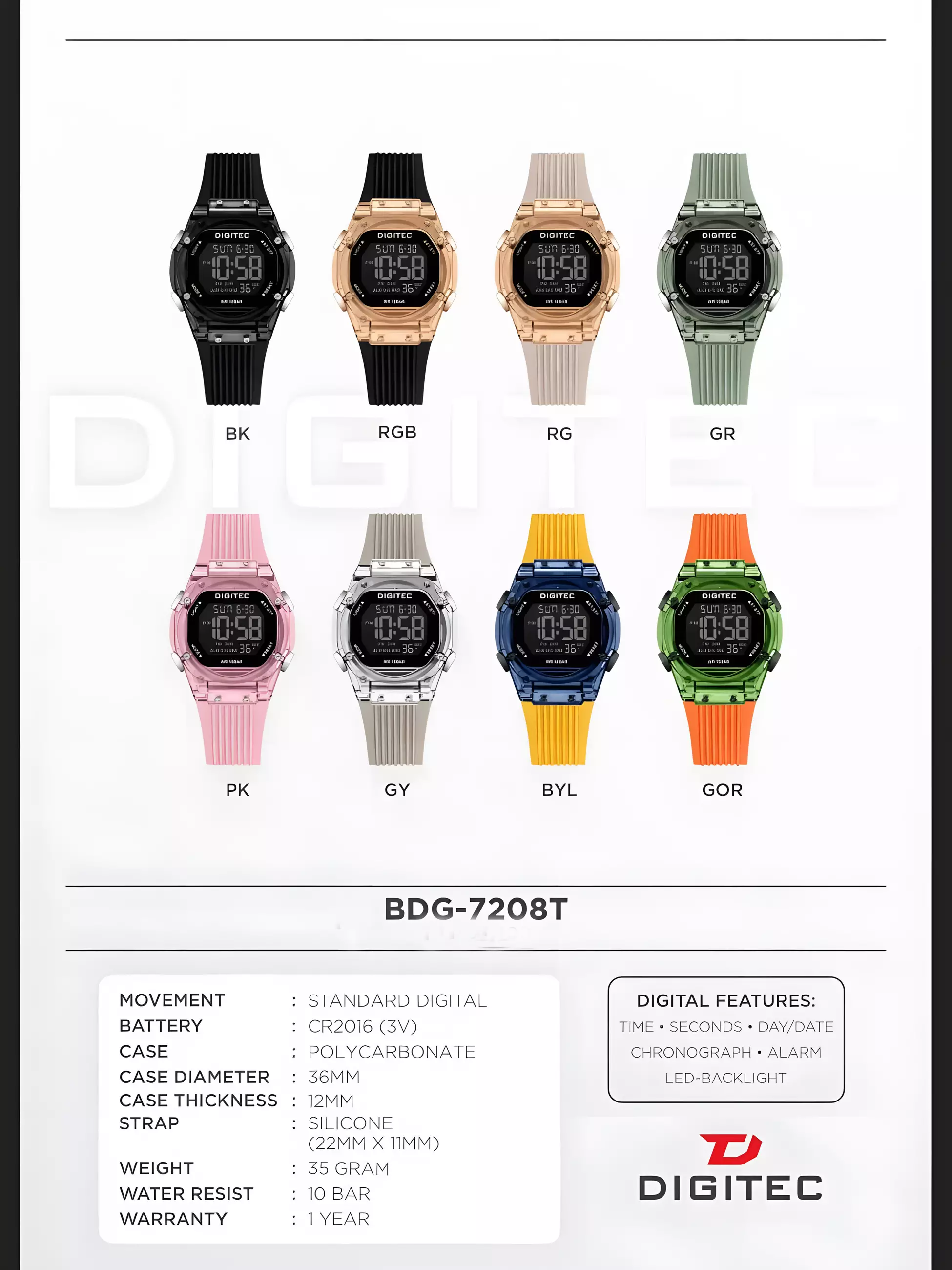 Digitec - Jam Tangan Digital Wanita - Rose Gold Resin Case & Band - BDG-7208T-RG