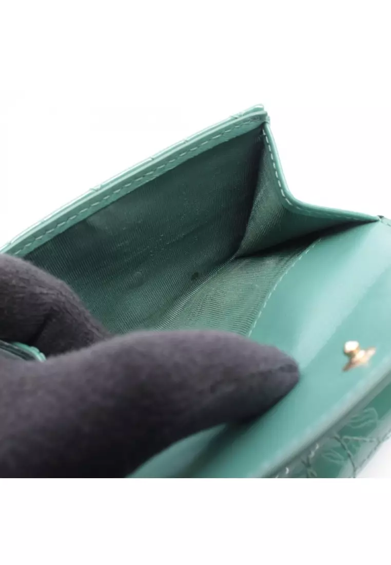 Pre-Loved Christian Dior LADY DIOR lotus wallet trifold wallet Patent leather Emerald green