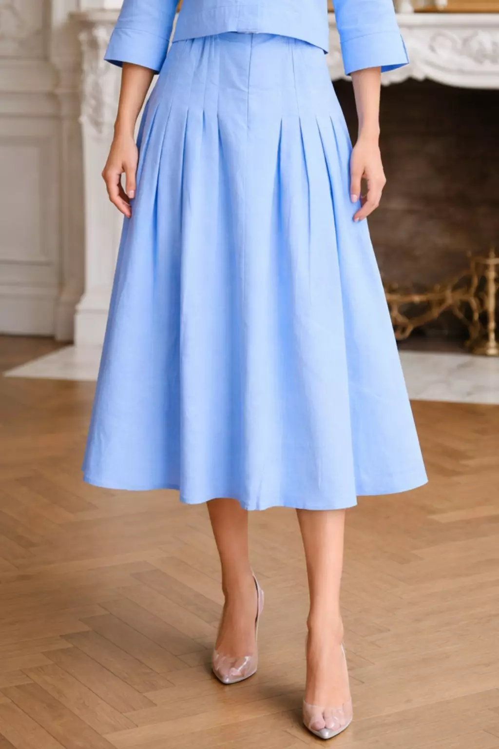 Demure Studio - Essentials Cropped Shirt & Skirt One Set Linen Sky Blue (One Set Shirt & Skirt)