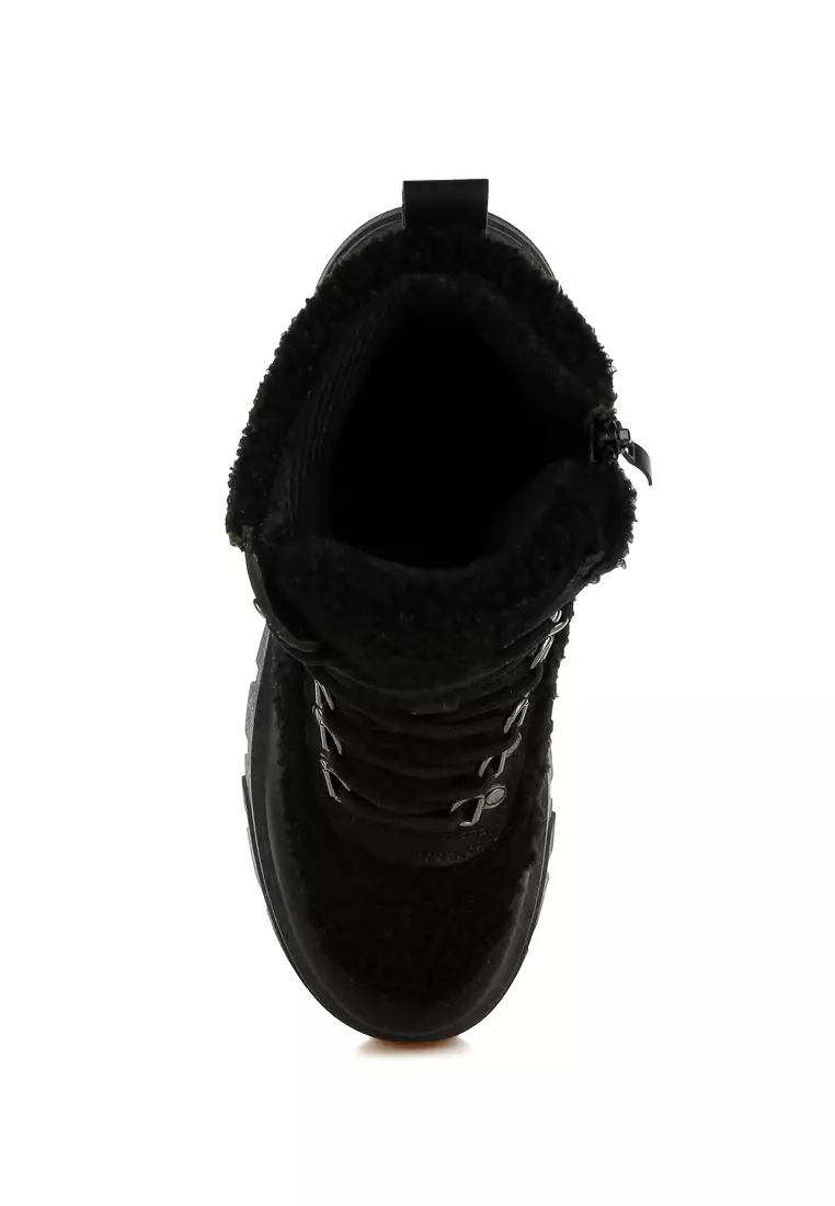 Faux Fur Detail Chunky Hiker Boots in Black