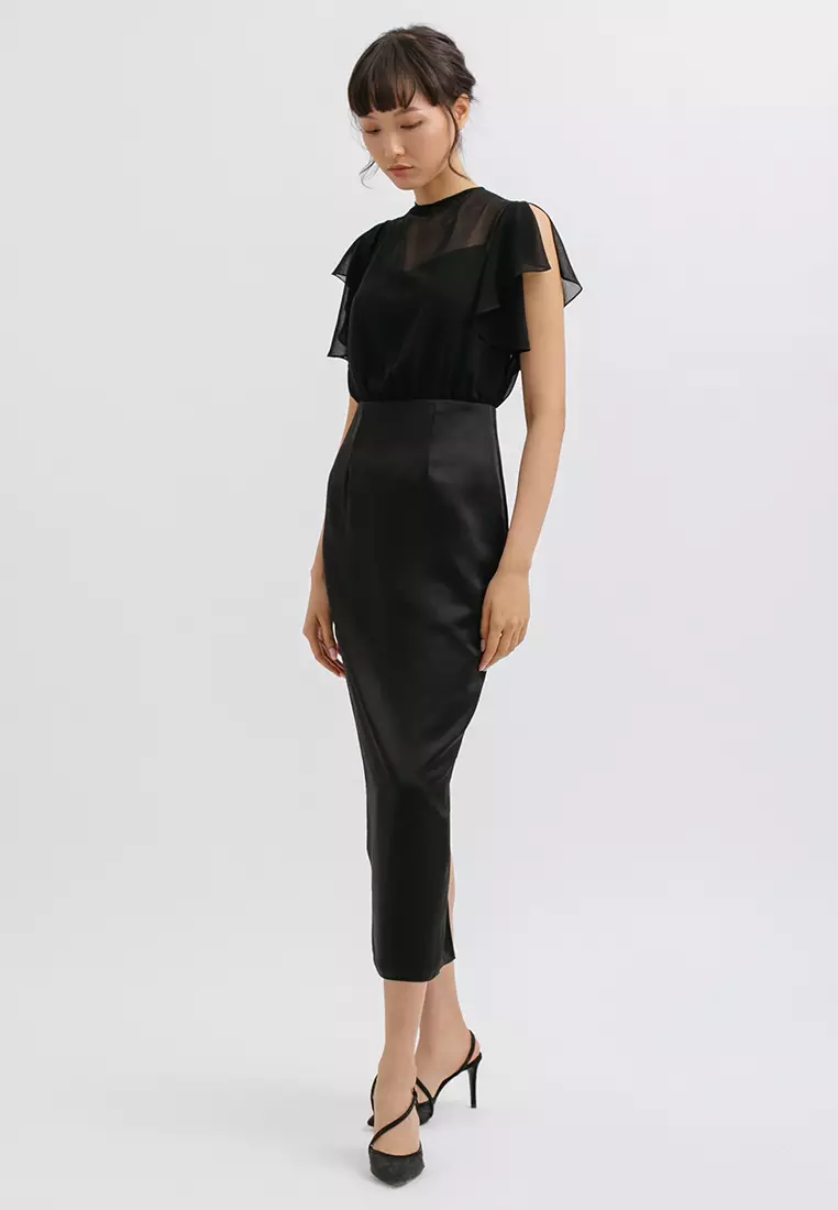 High Neck Drapery Sleeve Midi Dress in Black