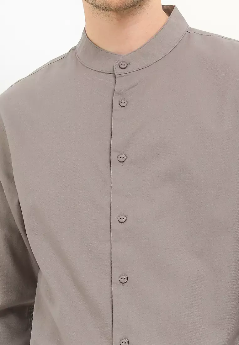 Kemeja Lengan Panjang Mandarin Slim Fit - Grey