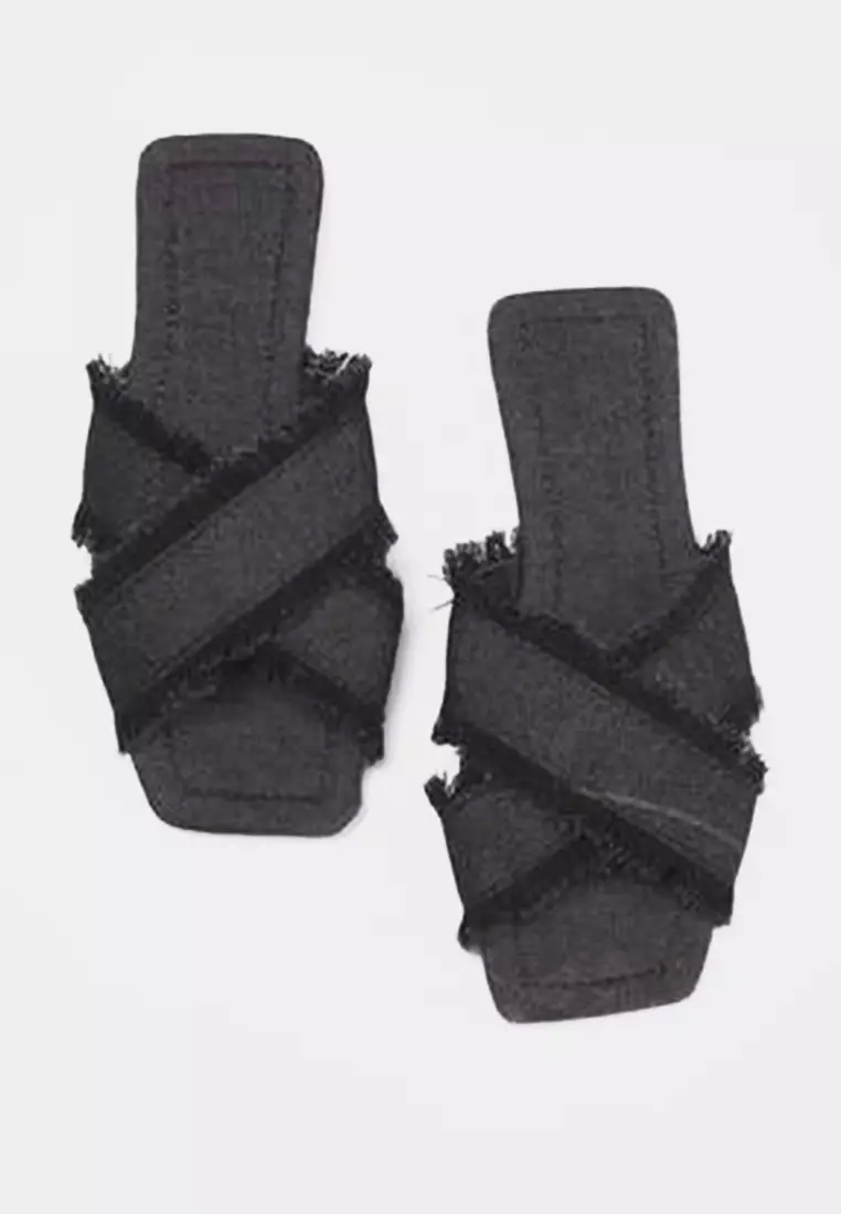 Black Tassel Detailed Denim Cross Strap Women's Slippers Takss25Te00043