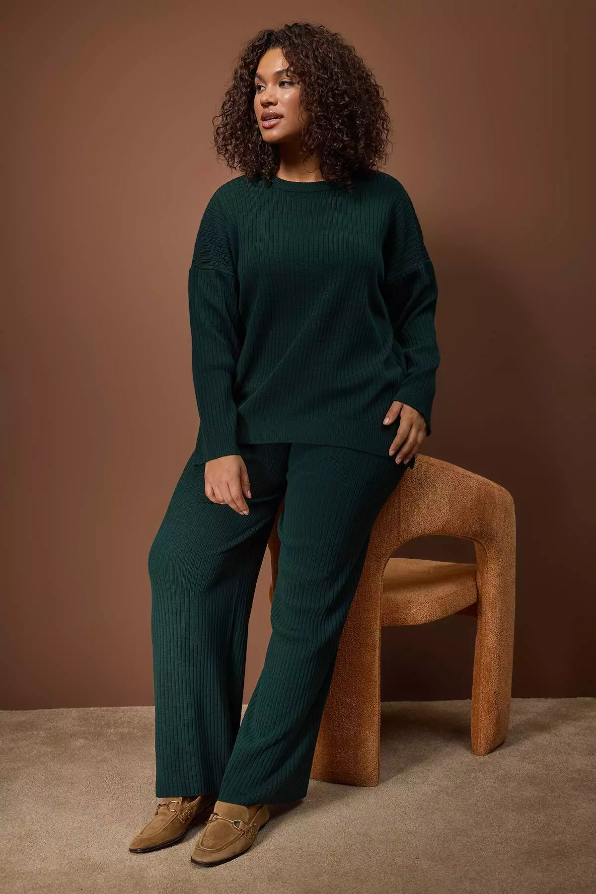 Emerald Green Ribbed Crew Neck Knitwear Sweater Pants Set Tbbaw23Cp00044