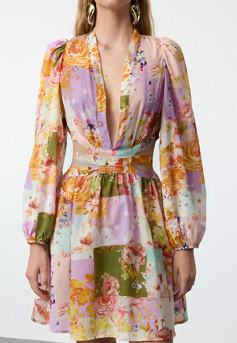 Floral Mini Woven Cut Out/Window 100% Cotton Beach Dress TBESS23EL00140