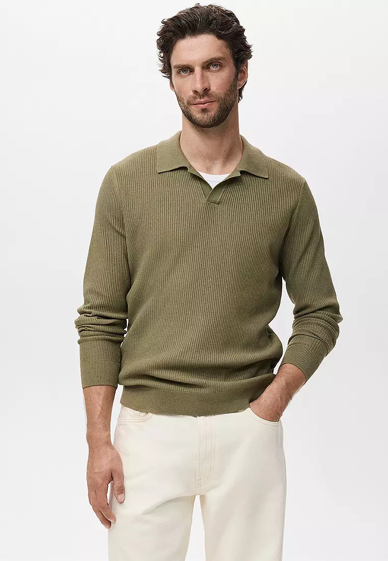 Cotton-Blend Ribbed Polo Sweater