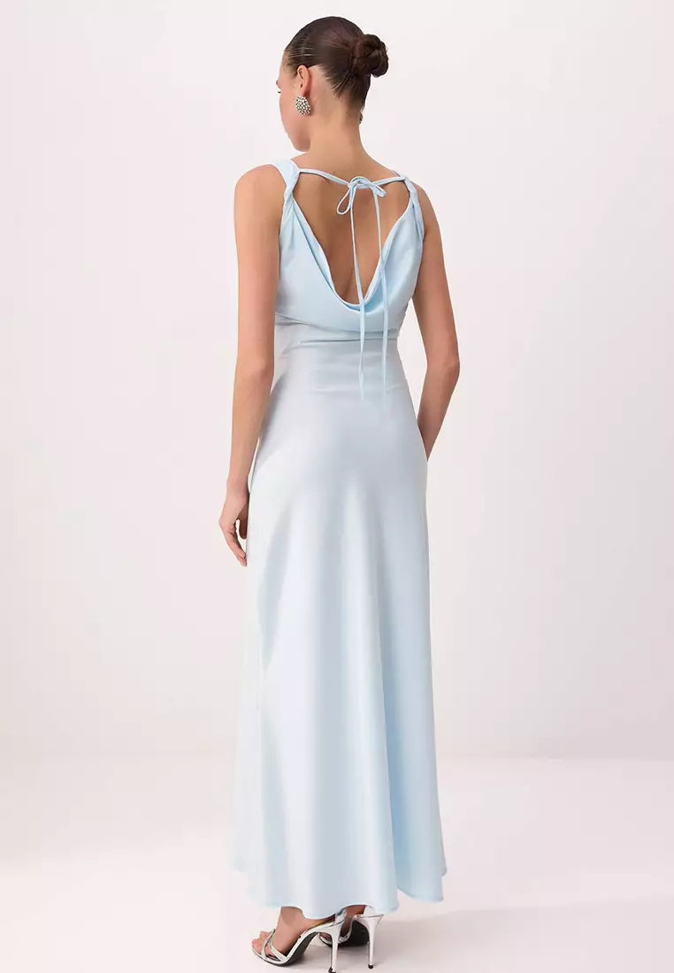 Light Blue Plain Weave Satin Maxi Unlined Stylish/Evening Dress