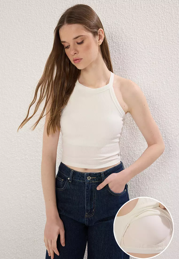 Ecru Padded Bra Detail Fitted/Knitted Undershirt TWOSS25AL00026