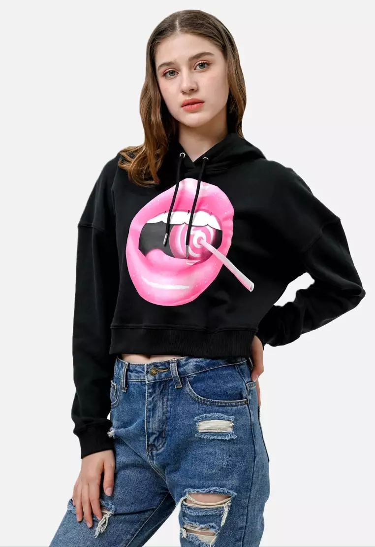 TONIQUE Hoodie Wanita Crop Katun Hitam LOLLY Women's Regular Fit Cotton Crop Hoodie Black