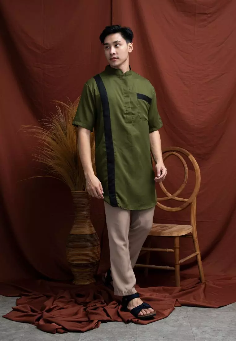 Baju Koko Kurta Pakistan Lengan Pendek Muslim Gamis Pria Houseofcuff H - HIJAU ARMY