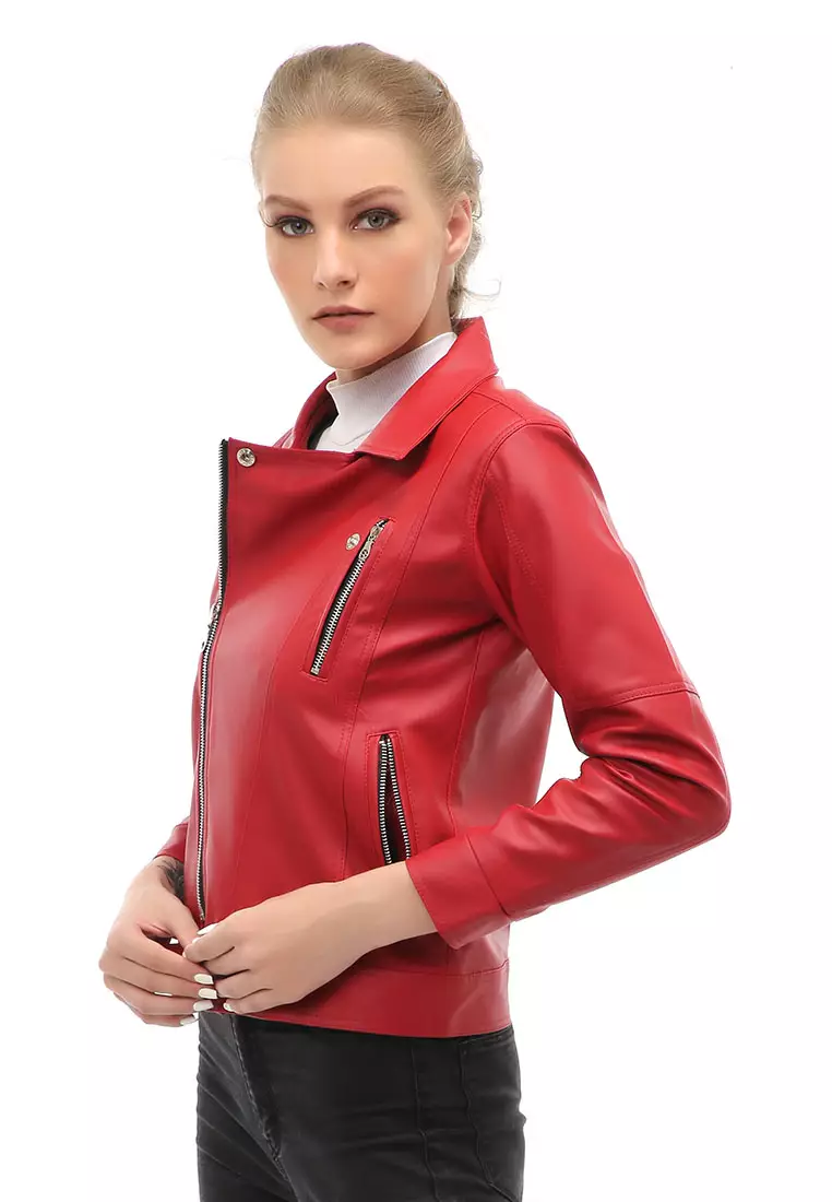 Glenice Jacket Outer Fashion Wanita Zipper Pocket Elegant Design Material Leather ORIGINAL - Red
