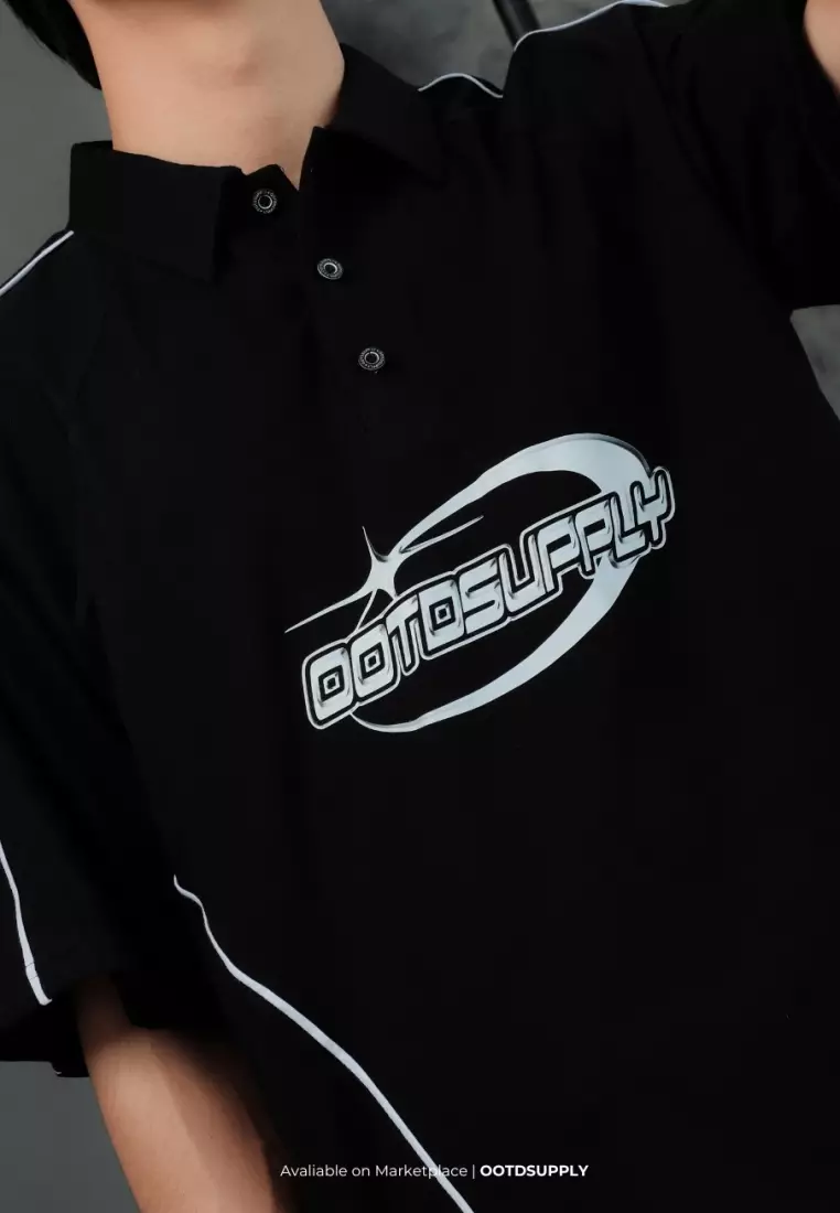 OOTDSUPPLY Oversize Polo Rugby Shirt V.4 Glisten Full Black | Kaos Polo Pria dan Wanita PSRGB-V4004