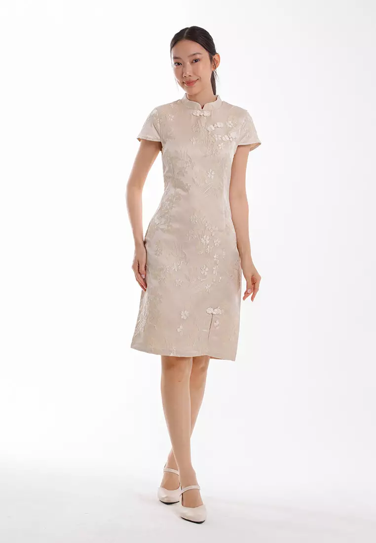 Forest Ladies CNY Cheongsam Jacquard Short Sleeve Dress - 885141-15Beige