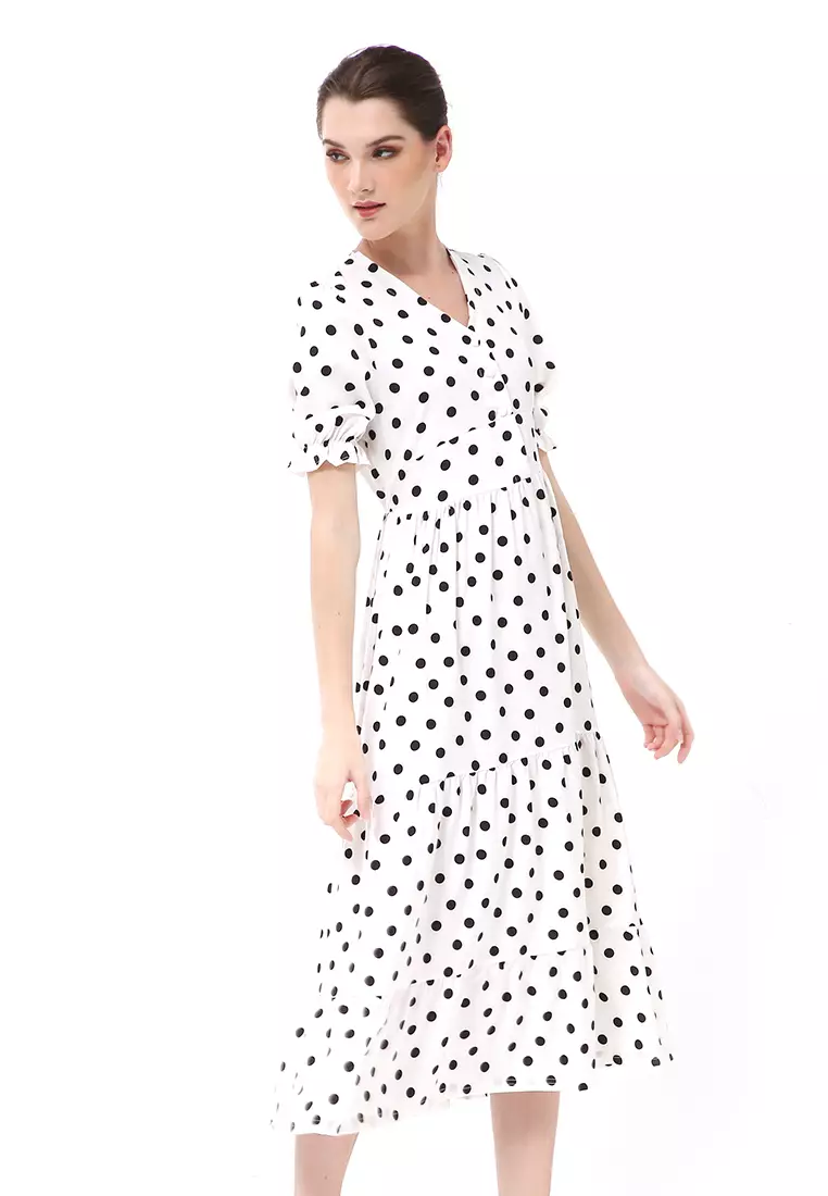 Rachel Midi Dress Wanita Vneck Lengan Pendek Desain Karet Material Polyester ORIGINAL - White