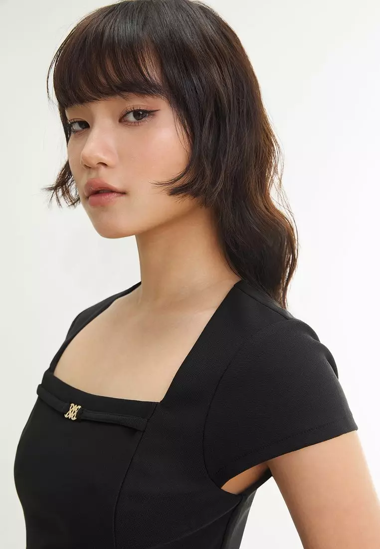 Square Neck Fit Flare Mini Dress - Black
