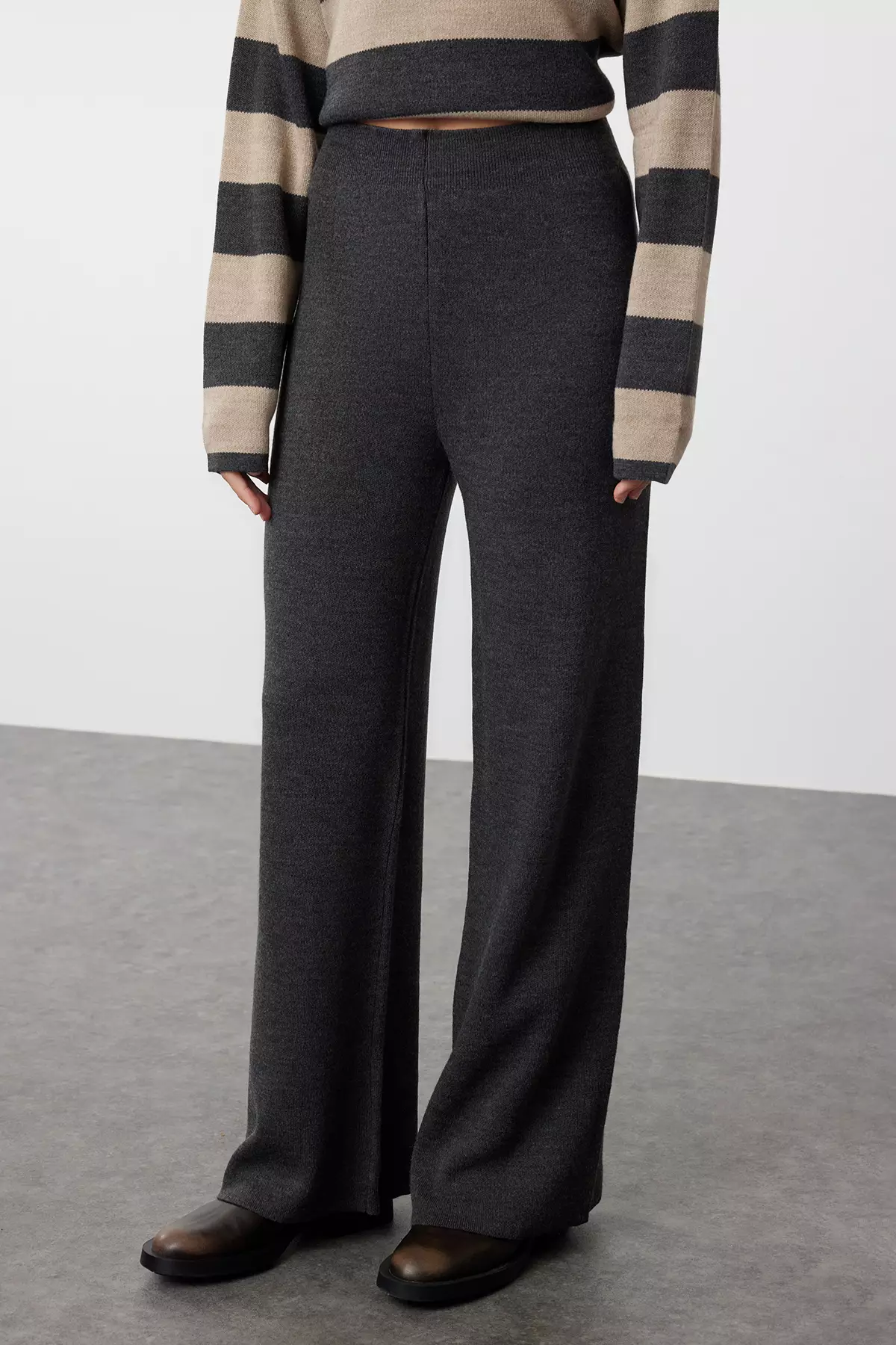 Anthracite Wide Pattern Striped Knitwear Top-Top Set