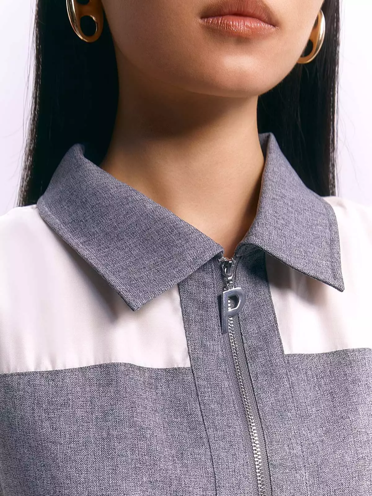 Two Tone Short-Sleeve Shirt Dress with Front Zipper - Mid Grey