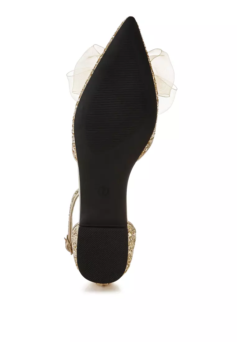Sheer Bow Detail Glitter Flat Sandals in Gold
