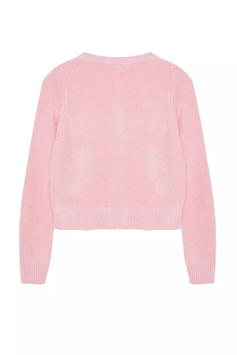 Pink Crop Premium Yarn/Special Yarn Pocket Detailed Jacket-Look Knitwear Cardigan TWOAW24HI00051