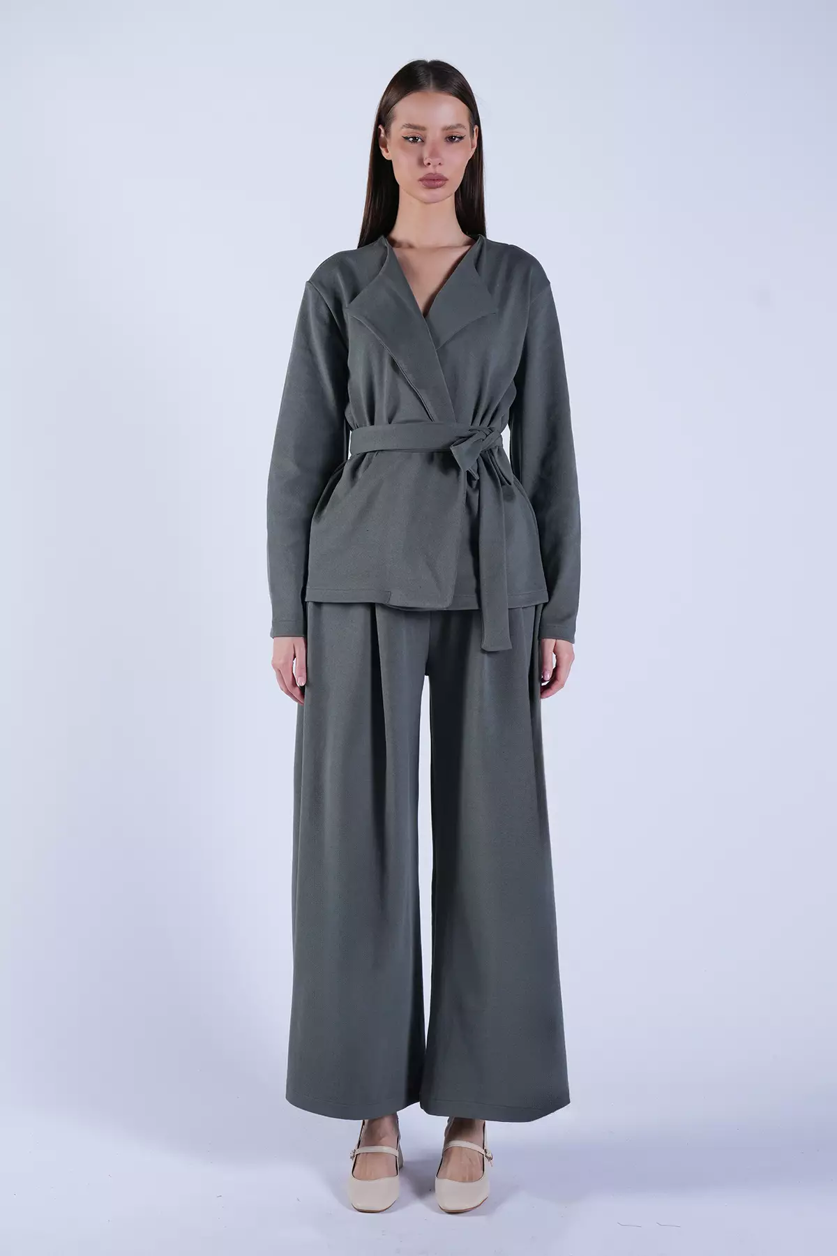 Women'S Khaki Self-Belted Long Jacket And Double-Pocket Trousers Set Alc-X15042