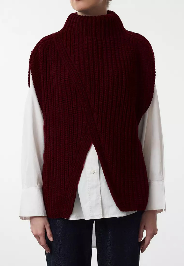 Burgundy Stand Collar Slit Knitwear Sweater