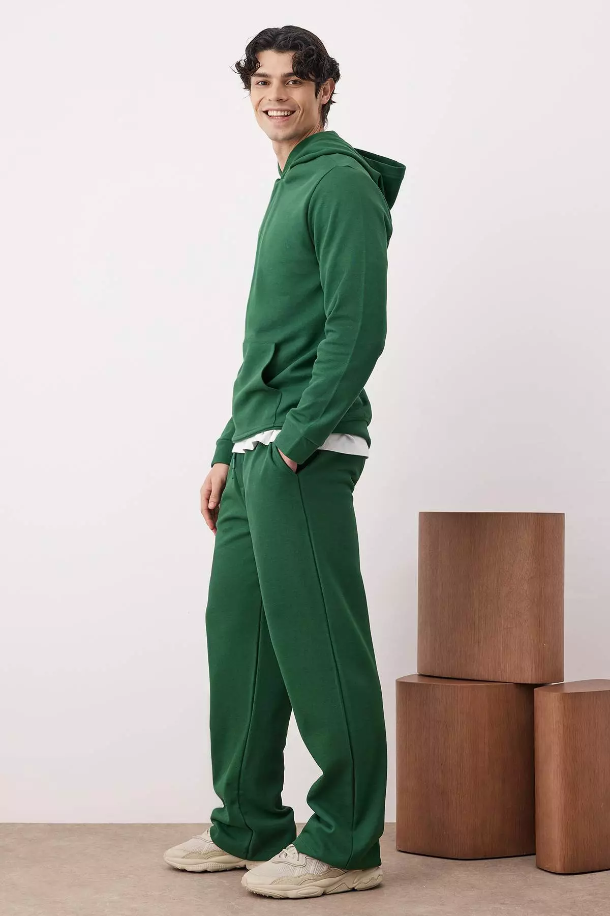 Green Top Oversize Bottom Straight Hooded Textured Tracksuit