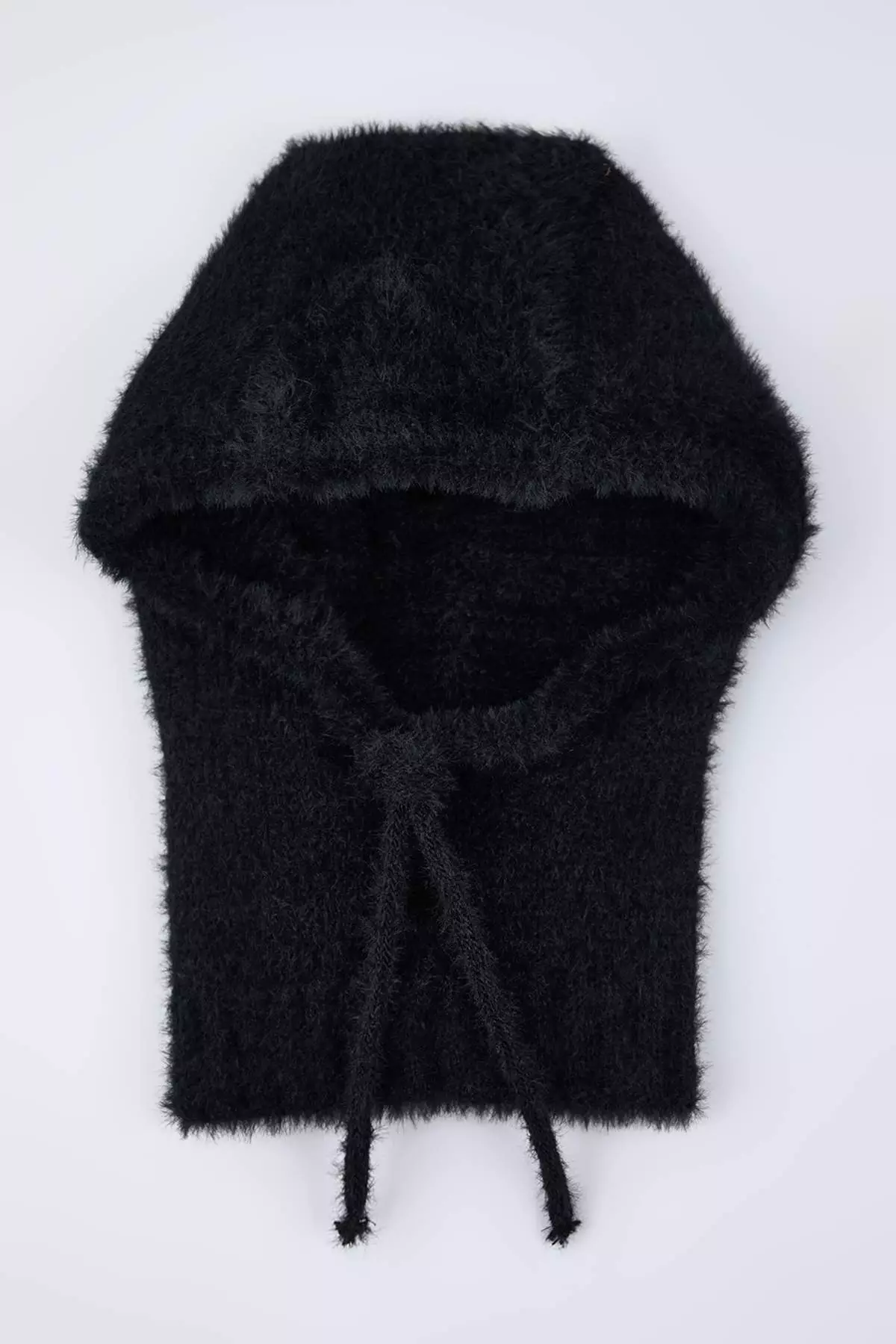 Soft Textured Black Tie-Up Head-Wrapping Knitwear Balaklava Beanie