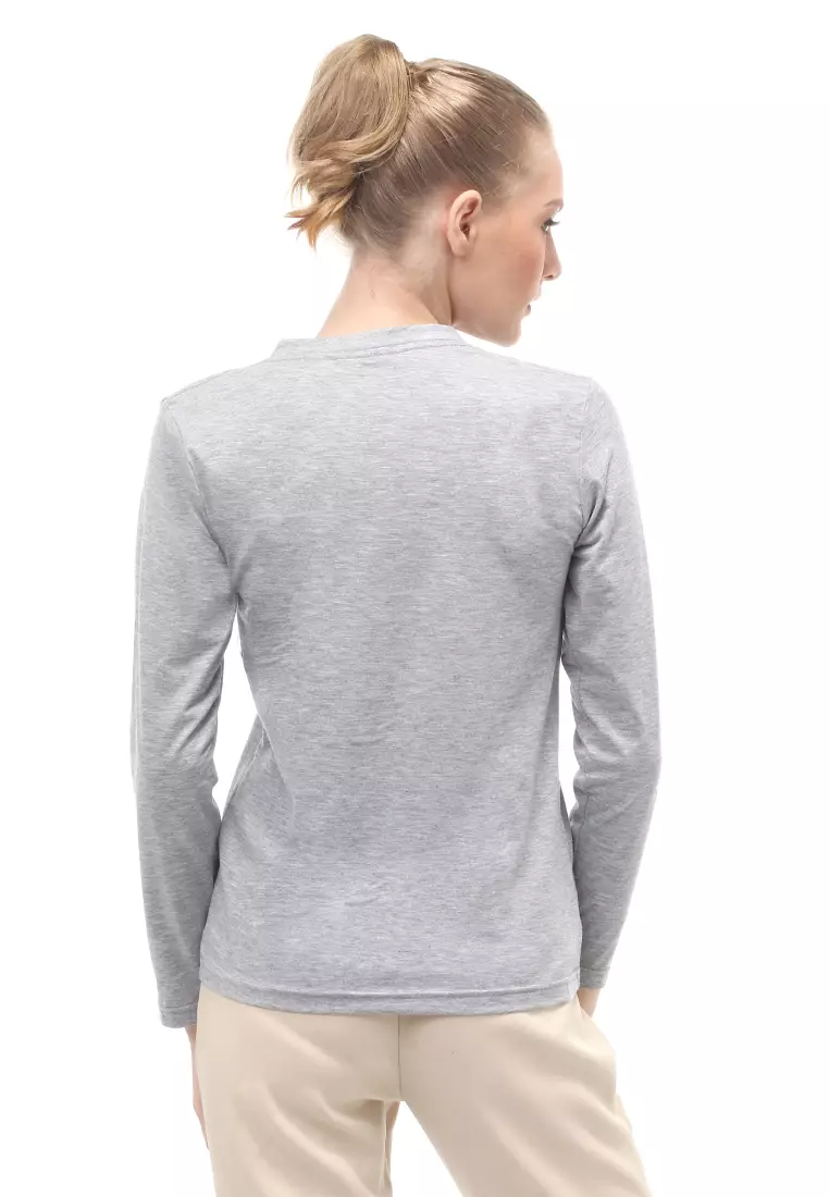 Kaos Polos Atasan Wanita V-Neck Lengan Panjang Design Simple Relaxed Fit - Abu Muda