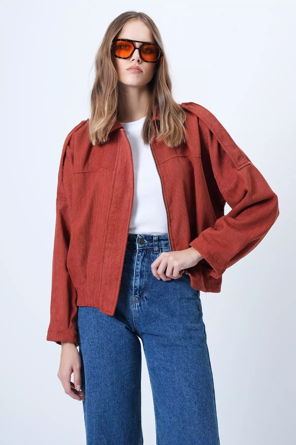 Tile Shoulder Epaulettes Lined Velvet Bomber Jacket Alc-X14617