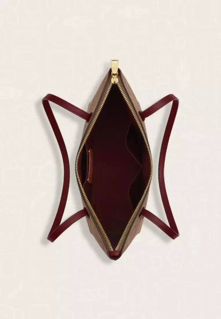 Coach Fiona Zip Tote Bag In Signature Canvas With Horse And Carriage Print Tan Black Cherry